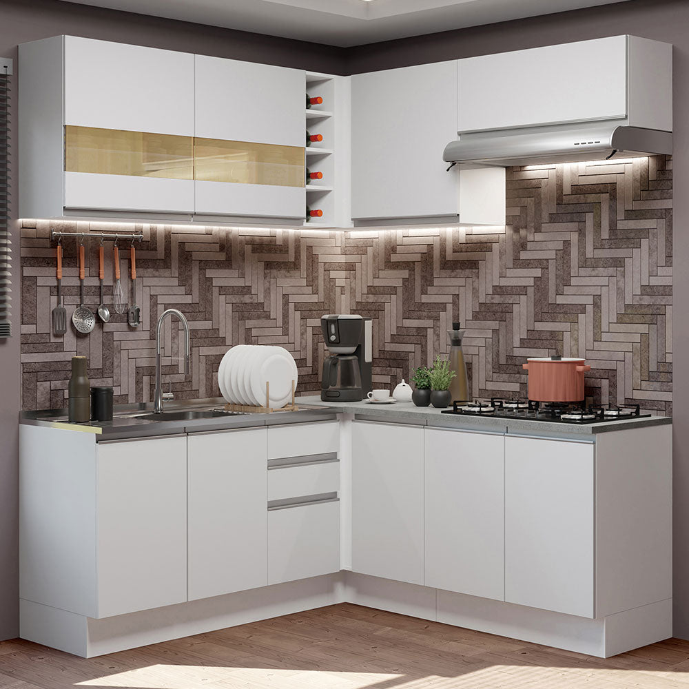 Combo completo de Cocina Esquinera 349 cm 9 Puertas 3 Cajones Sin Mesada Blanco Glamy Madesa