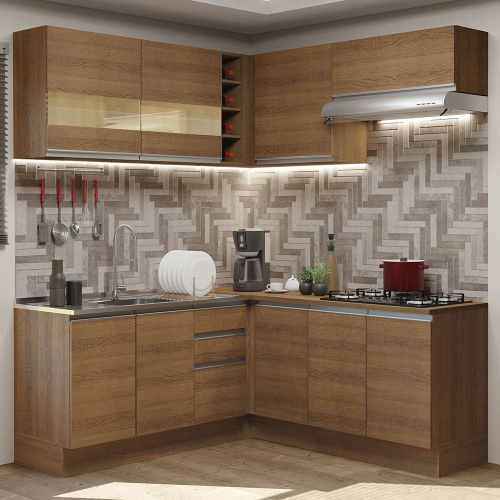Combo completo de Cocina Esquinera 349 cm 9 Puertas 3 Cajones Sin Mesada Marrón Glamy Madesa