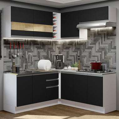 Combo completo de Cocina Esquinera 349 cm 9 Puertas 3 Cajones Sin Mesada Blanco/Negro Glamy Madesa