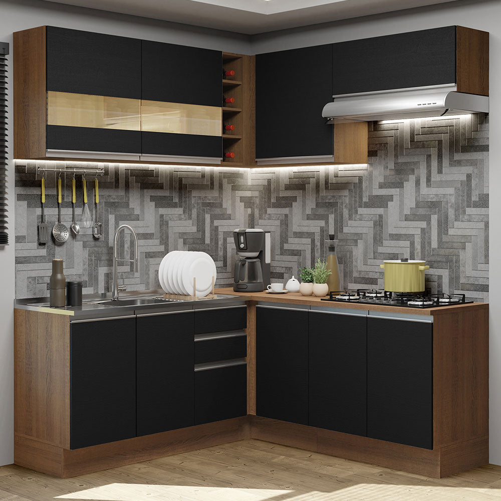 Combo completo de Cocina Esquinera 349 cm 9 Puertas 3 Cajones Sin Mesada Marrón/Negro Glamy Madesa