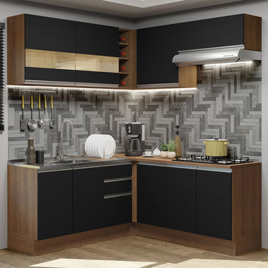 Combo completo de Cocina Esquinera 349 cm 9 Puertas 3 Cajones Sin Mesada Marrón/Negro Glamy Madesa
