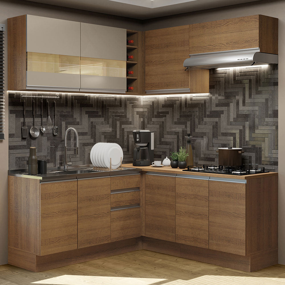 Combo completo de Cocina Esquinera 349 cm 9 Puertas 3 Cajones Sin Mesada Marrón/Crema Glamy Madesa