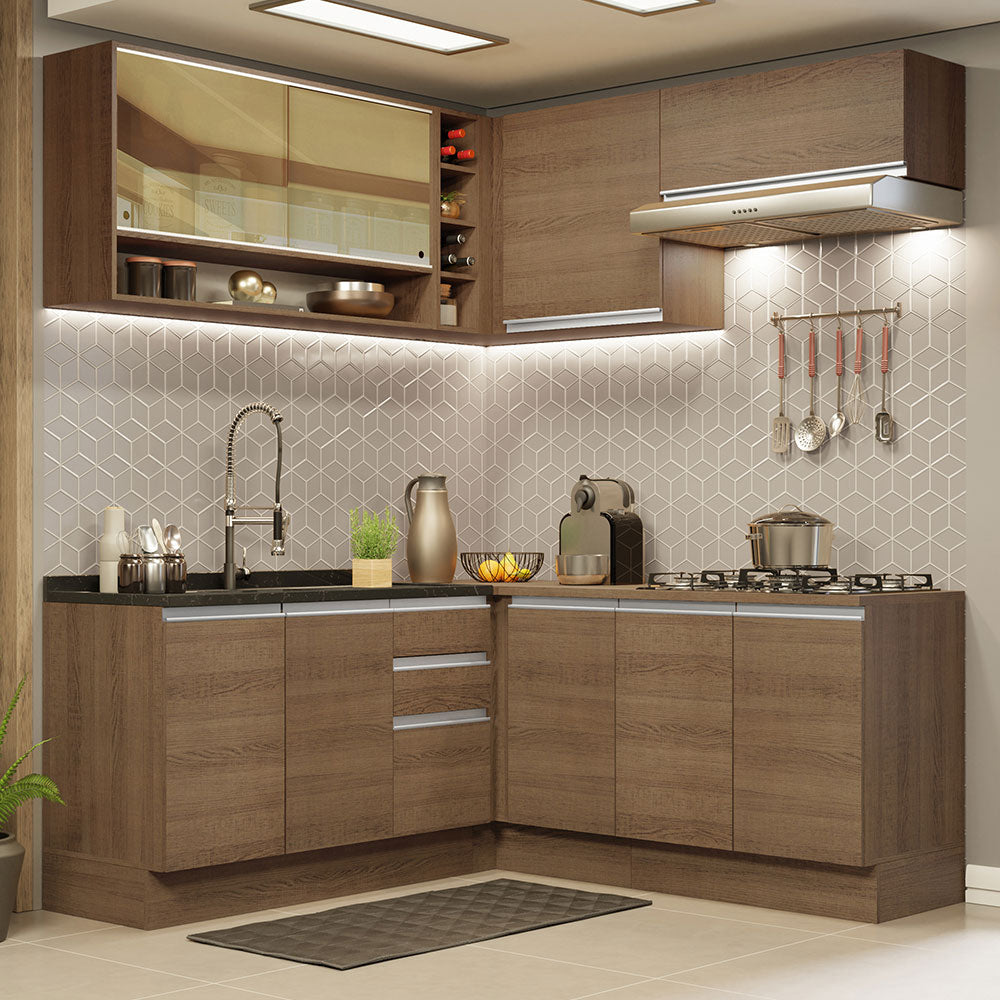 Combo completo de Cocina Esquinera 349 cm 9 Puertas 3 Cajones Sin Mesada Marrón Glamy Madesa