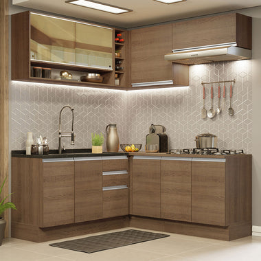 Combo completo de Cocina Esquinera 349 cm 9 Puertas 3 Cajones Sin Mesada Marrón Glamy Madesa