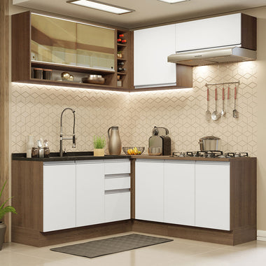 Combo completo de Cocina Esquinera 349 cm 9 Puertas 3 Cajones Sin Mesada Marrón/Blanco Glamy Madesa