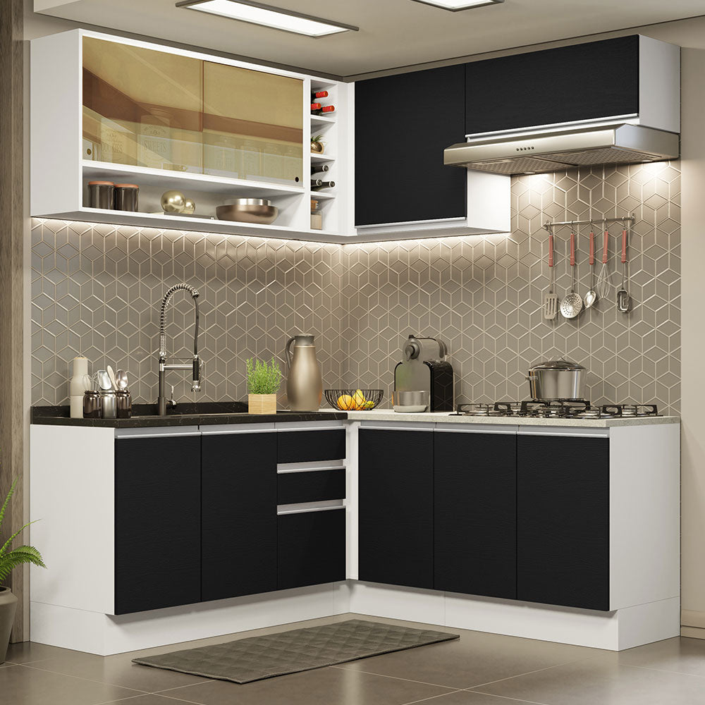 Combo completo de Cocina Esquinera 349 cm 9 Puertas 3 Cajones Sin Mesada Blanco/Negro Glamy Madesa