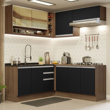 Combo completo de Cocina Esquinera 349 cm 9 Puertas 3 Cajones Sin Mesada Marrón/Negro Glamy Madesa