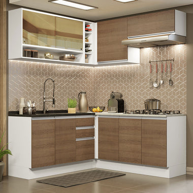 Combo completo de Cocina Esquinera 349 cm 9 Puertas 3 Cajones Sin Mesada Blanco/Marrón Glamy Madesa
