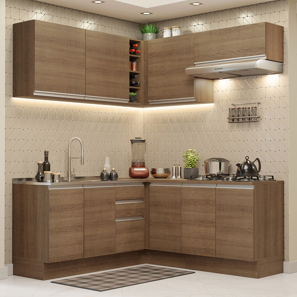 Combo completo de Cocina Esquinera 349 cm 9 Puertas 3 Cajones Sin Mesada Marrón Glamy Madesa 03