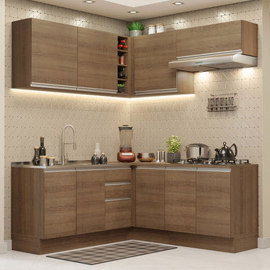 Combo completo de Cocina Esquinera 349 cm 9 Puertas 3 Cajones Sin Mesada Marrón Glamy Madesa