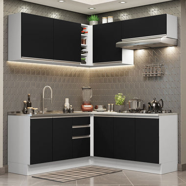 Combo completo de Cocina Esquinera 349 cm 9 Puertas 3 Cajones Sin Mesada Blanco/Negro Glamy Madesa