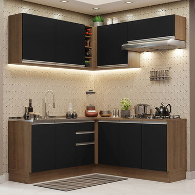 Combo completo de Cocina Esquinera 349 cm 9 Puertas 3 Cajones Sin Mesada Marrón/Negro Glamy Madesa