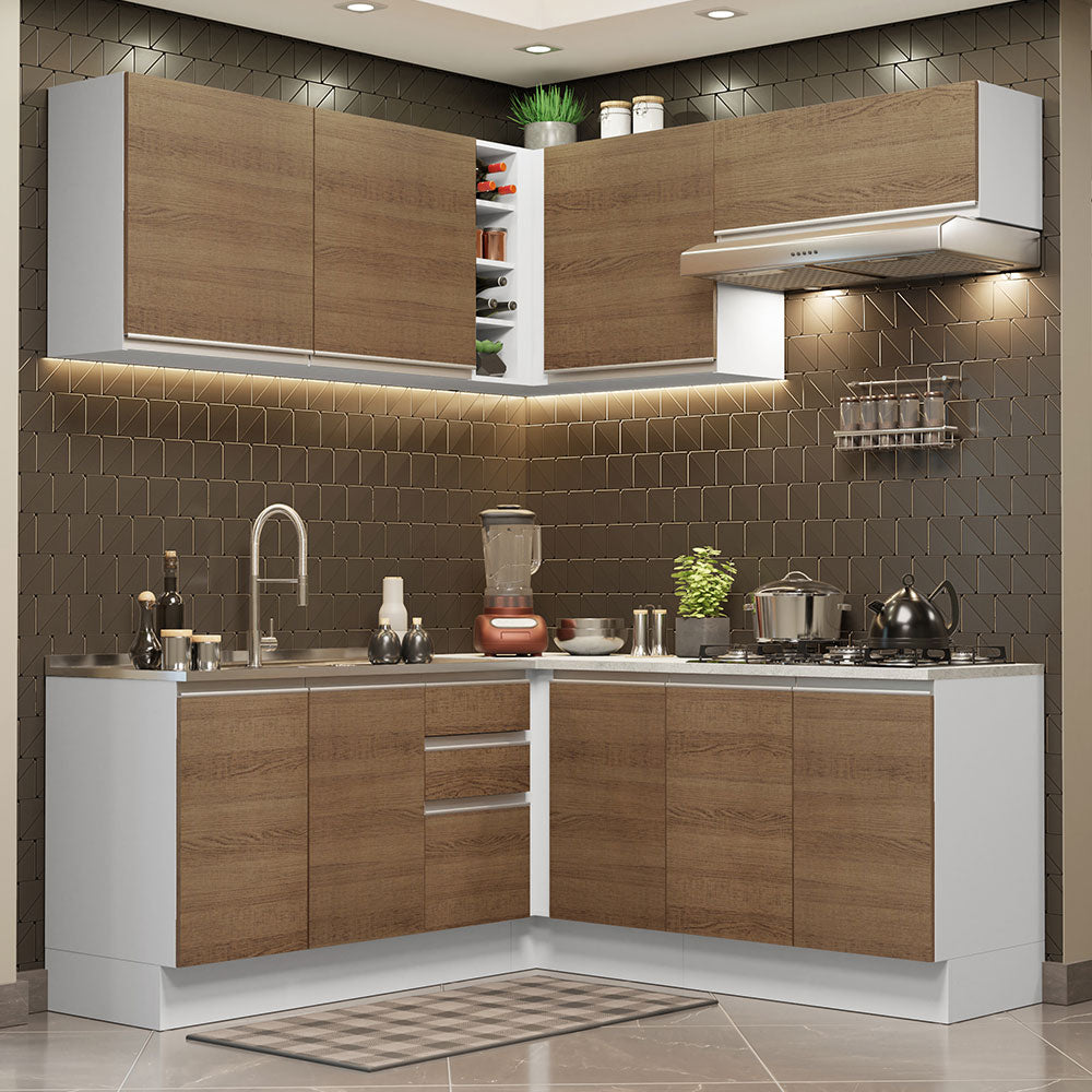 Combo completo de Cocina Esquinera 349 cm 9 Puertas 3 Cajones Sin Mesada Blanco/Marrón Glamy Madesa