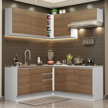 Combo completo de Cocina Esquinera 349 cm 9 Puertas 3 Cajones Sin Mesada Blanco/Marrón Glamy Madesa