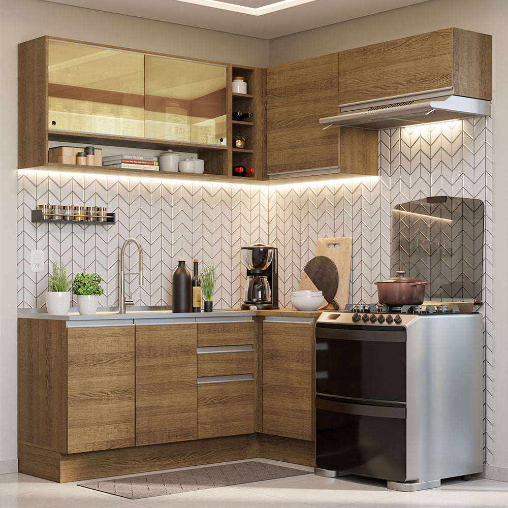 Combo completo de Cocina Esquinera 349 cm 7 Puertas 3 Cajones Sin Mesada Marrón Glamy Madesa