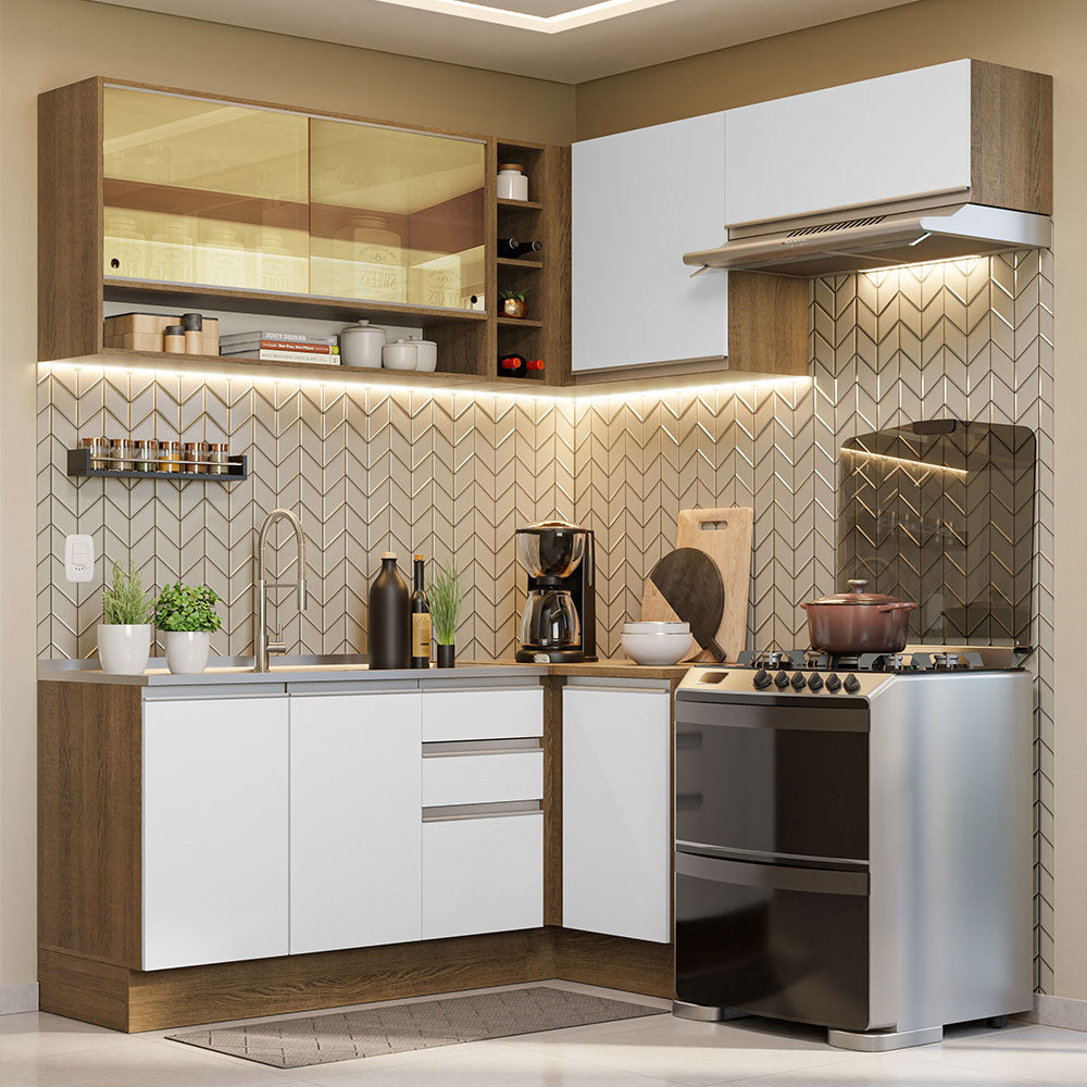 Combo completo de Cocina Esquinera 349 cm 7 Puertas 3 Cajones Sin Mesada Marrón/Blanco Glamy Madesa 06