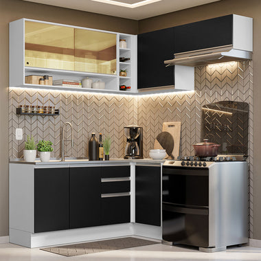 Combo completo de Cocina Esquinera 349 cm 7 Puertas 3 Cajones Sin Mesada Blanco/Negro Glamy Madesa