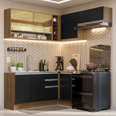 Combo completo de Cocina Esquinera 349 cm 7 Puertas 3 Cajones Sin Mesada Marrón/Negro Glamy Madesa