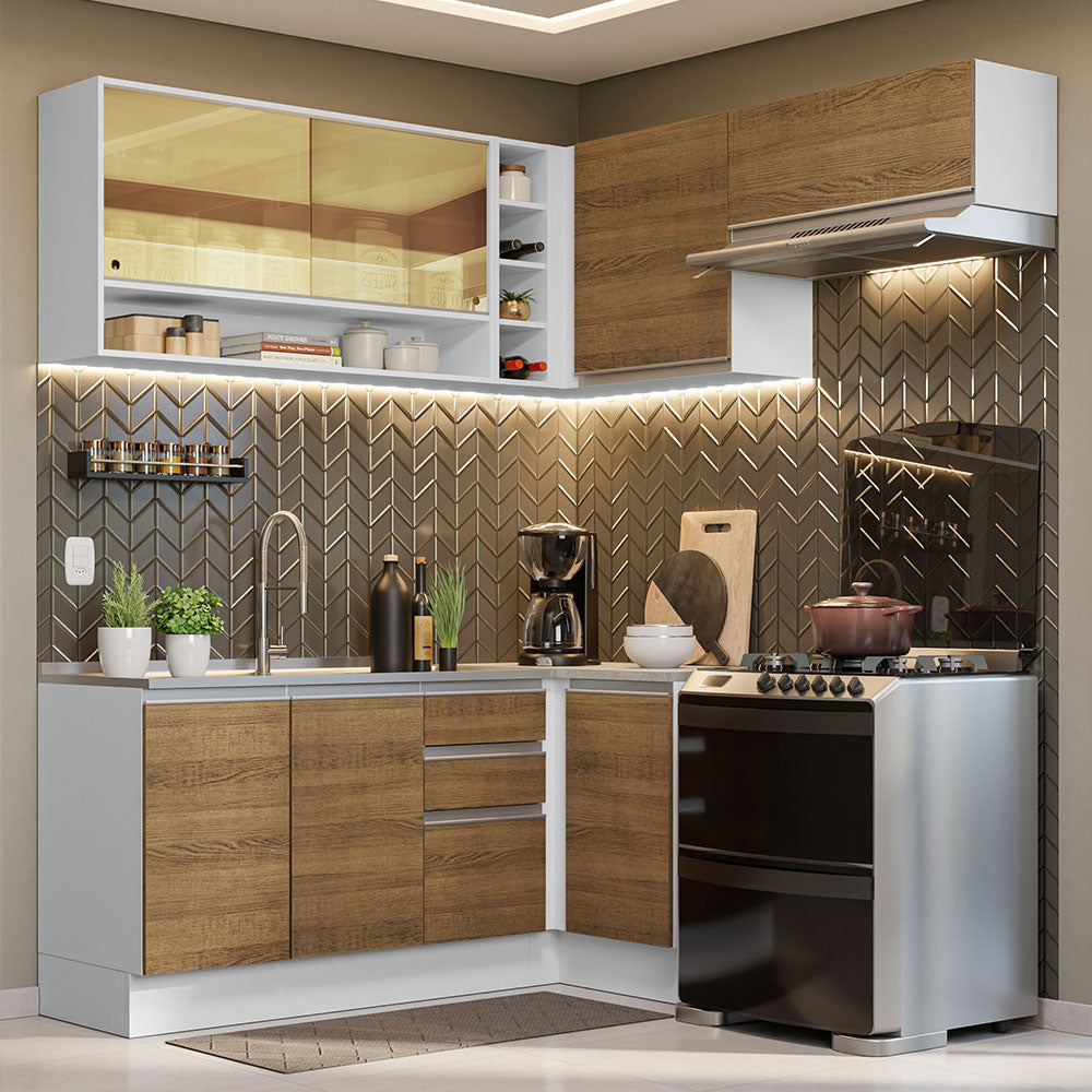 Combo completo de Cocina Esquinera 349 cm 7 Puertas 3 Cajones Sin Mesada Blanco/Marrón Glamy Madesa