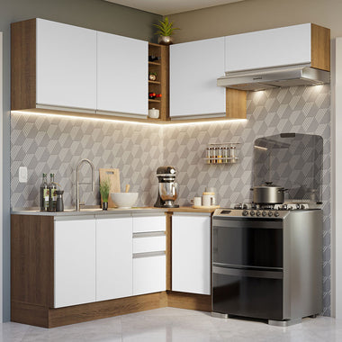 Combo completo de Cocina Esquinera 349 cm 7 Puertas 3 Cajones Sin Mesada Marrón/Blanco Glamy Madesa