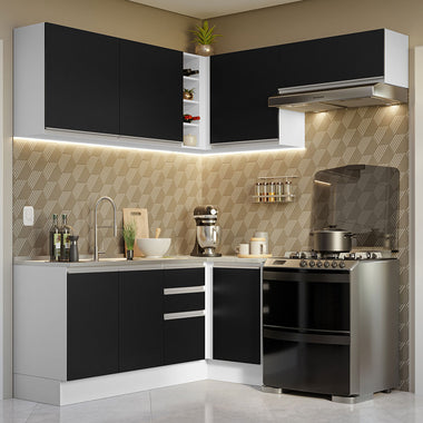 Combo completo de Cocina Esquinera 349 cm 7 Puertas 3 Cajones Sin Mesada Blanco/Negro Glamy Madesa