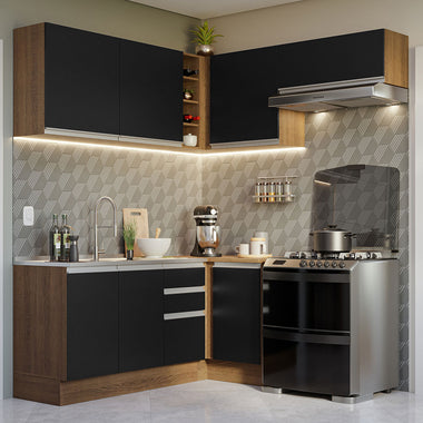 Combo completo de Cocina Esquinera 349 cm 7 Puertas 3 Cajones Sin Mesada Marrón/Negro Glamy Madesa