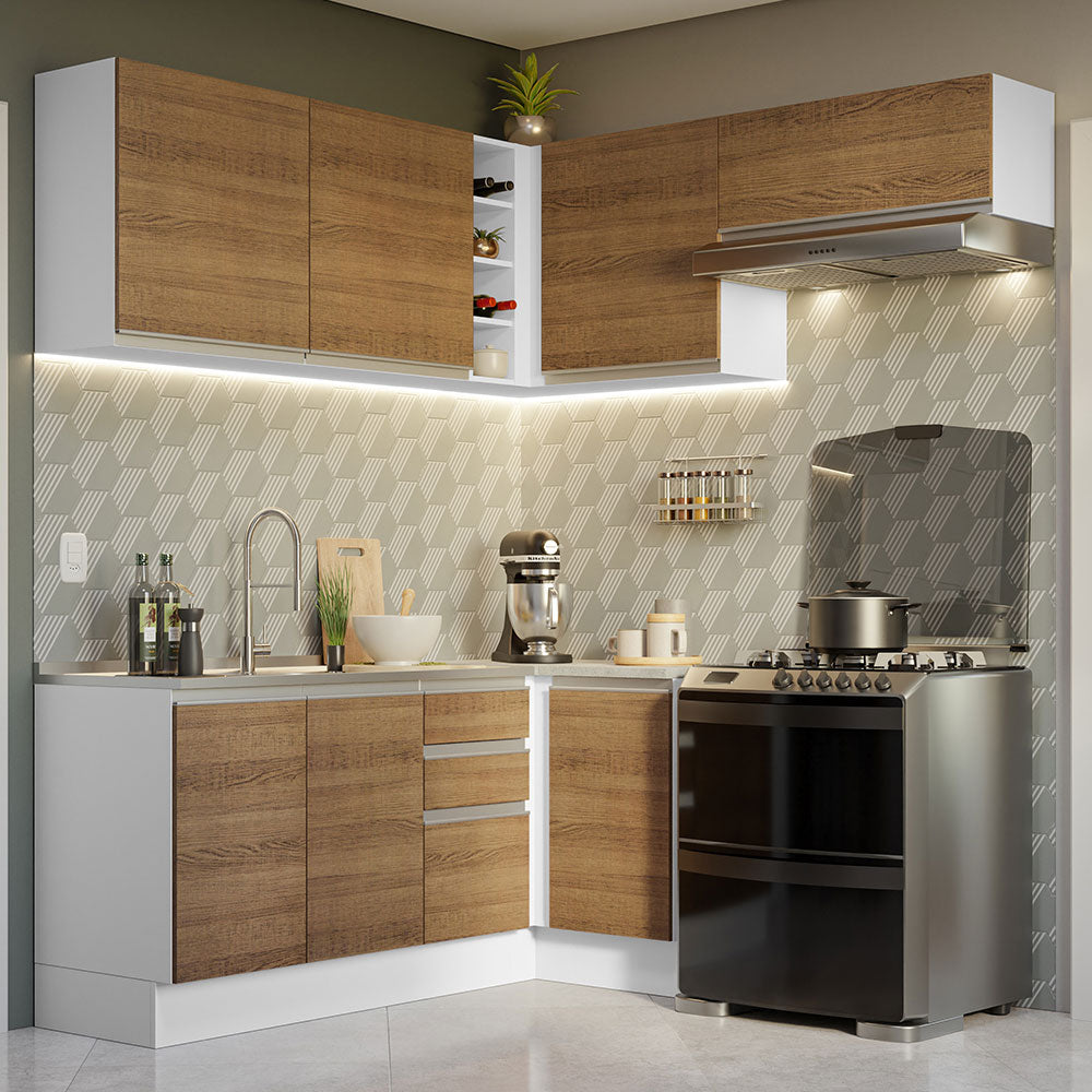 Combo completo de Cocina Esquinera 349 cm 7 Puertas 3 Cajones Sin Mesada Blanco/Marrón Glamy Madesa