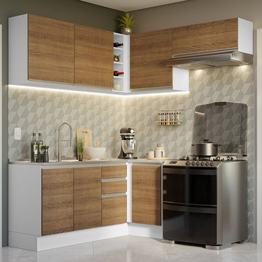 Combo completo de Cocina Esquinera 349 cm 7 Puertas 3 Cajones Sin Mesada Blanco/Marrón Glamy Madesa