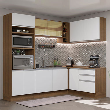 Combo completo de Cocina Esquinera 399 cm 10 Puertas 3 Cajones Sin Mesada Marrón/Blanco Glamy Madesa