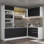 Combo completo de Cocina Esquinera 399 cm 10 Puertas 3 Cajones Sin Mesada Blanco/Negro Glamy Madesa