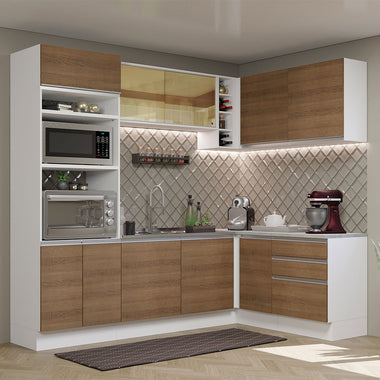 Combo completo de Cocina Esquinera 399 cm 10 Puertas 3 Cajones Sin Mesada Blanco/Marrón Glamy Madesa