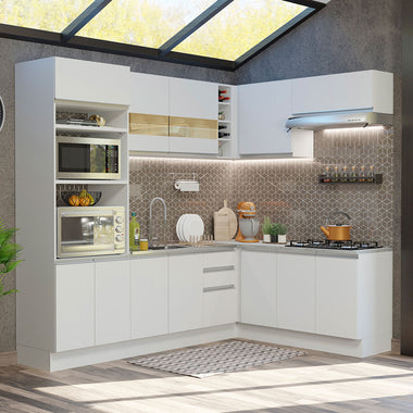 Combo completo de Cocina Esquinera 419 cm 12 Puertas 3 Cajones Sin Mesada Blanco Glamy Madesa