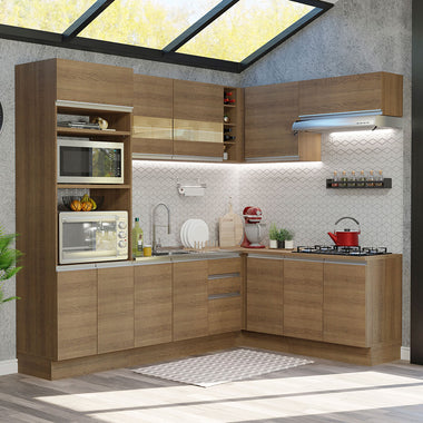 Combo completo de Cocina Esquinera 419 cm 12 Puertas 3 Cajones Sin Mesada Marrón Glamy Madesa