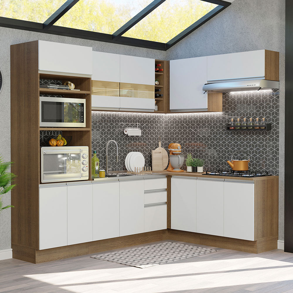 Combo completo de Cocina Esquinera 419 cm 12 Puertas 3 Cajones Sin Mesada Marrón/Blanco Glamy Madesa