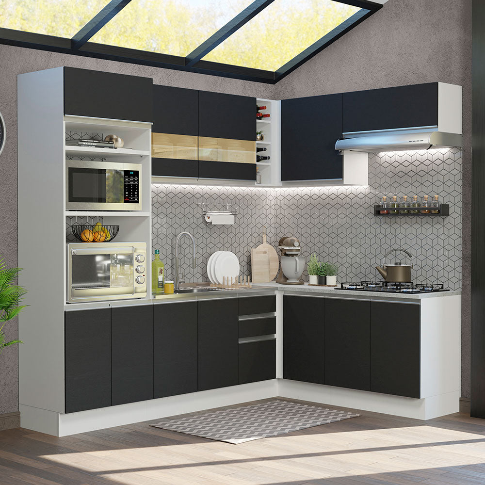 Combo completo de Cocina Esquinera 419 cm 12 Puertas 3 Cajones Sin Mesada Blanco/Negro Glamy Madesa