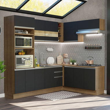 Combo completo de Cocina Esquinera 419 cm 12 Puertas 3 Cajones Sin Mesada Marrón/Negro Glamy Madesa