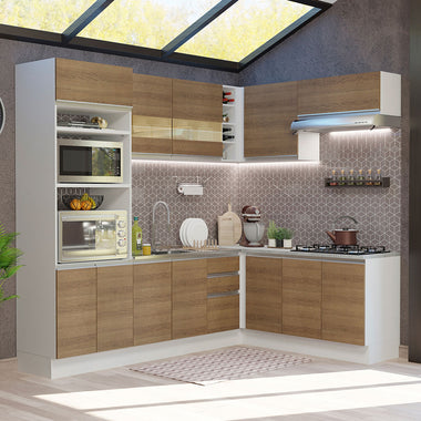 Combo completo de Cocina Esquinera 419 cm 12 Puertas 3 Cajones Sin Mesada Blanco/Marrón Glamy Madesa