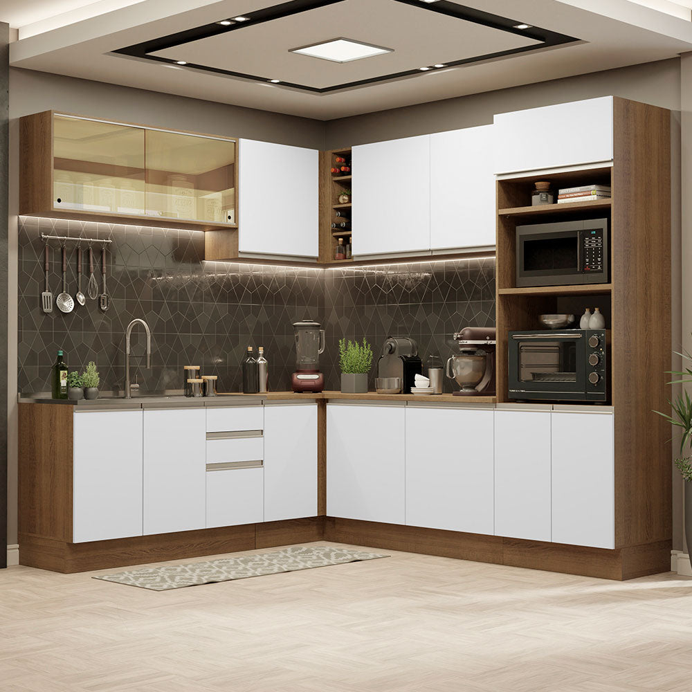 Combo completo de Cocina Esquinera 459 cm 13 Puertas 3 Cajones Sin Mesada Marrón/Blanco Glamy Madesa
