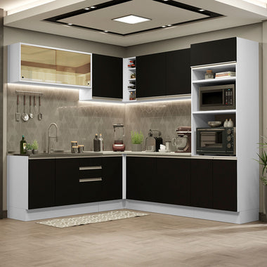 Combo completo de Cocina Esquinera 459 cm 13 Puertas 3 Cajones Sin Mesada Blanco/Negro Glamy Madesa