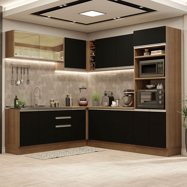 Combo completo de Cocina Esquinera 459 cm 13 Puertas 3 Cajones Sin Mesada Marrón/Negro Glamy Madesa