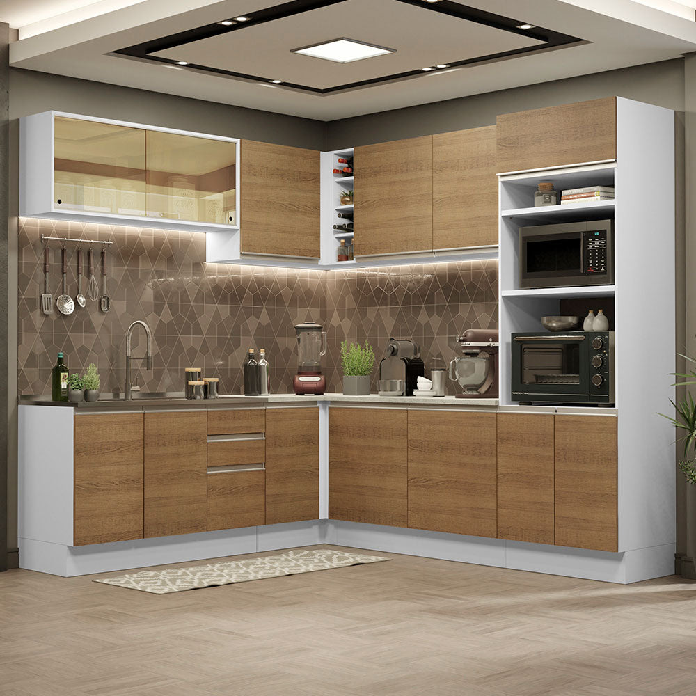 Combo completo de Cocina Esquinera 469 cm 13 Puertas 3 Cajones Sin Mesada Blanco/Marrón Glamy Madesa