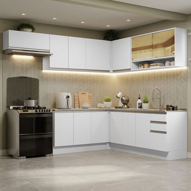 Combo completo de Cocina Esquinera 469 cm 13 Puertas 3 Cajones Sin Mesada Blanco Glamy Madesa