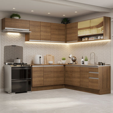 Combo completo de Cocina Esquinera 469 cm 13 Puertas 3 Cajones Sin Mesada Marrón Glamy Madesa