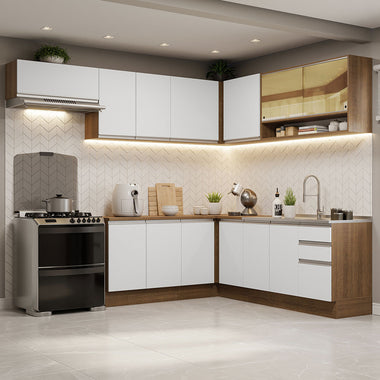 Combo completo de Cocina Esquinera 469 cm 13 Puertas 3 Cajones Sin Mesada Marrón/Blanco Glamy Madesa