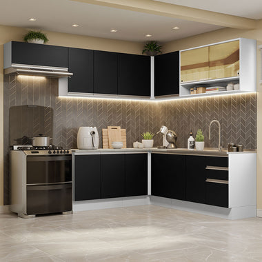 Combo completo de Cocina Esquinera 469 cm 13 Puertas 3 Cajones Sin Mesada Blanco/Negro Glamy Madesa