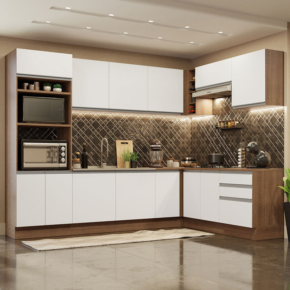 Combo completo de Cocina Esquinera 479 cm 13 Puertas 3 Cajones Sin Mesada Marrón/Blanco Glamy Madesa