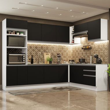 Combo completo de Cocina Esquinera 479 cm 13 Puertas 3 Cajones Sin Mesada Blanco/Negro Glamy Madesa