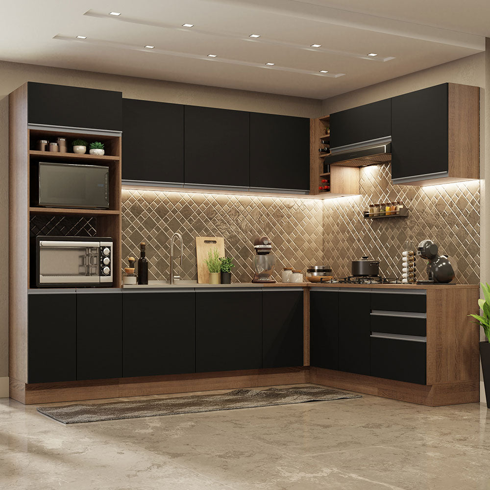 Combo completo de Cocina Esquinera 479 cm 13 Puertas 3 Cajones Sin Mesada Marrón/Negro Glamy Madesa
