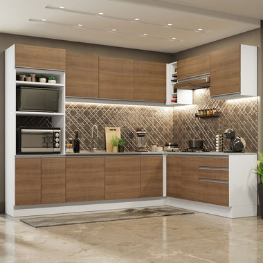 Combo completo de Cocina Esquinera 479 cm 13 Puertas 3 Cajones Sin Mesada Blanco/Marrón Glamy Madesa