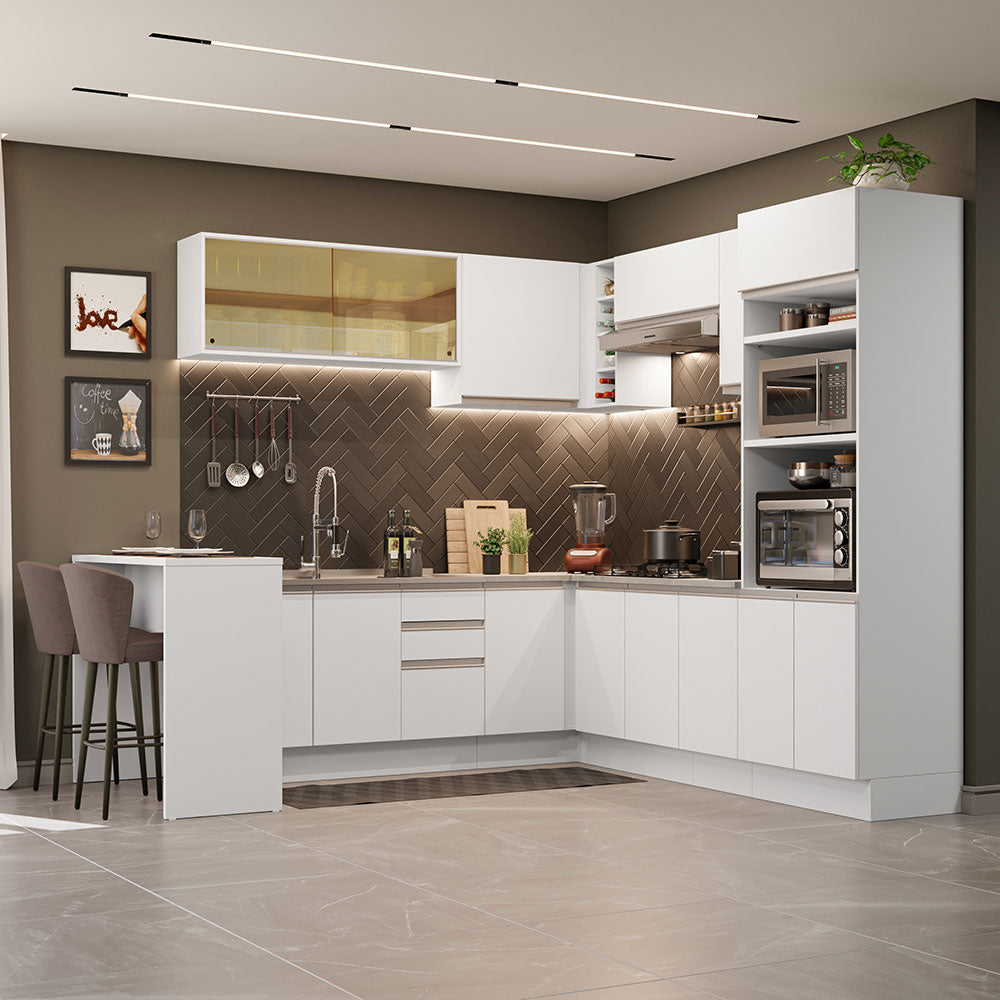 Combo completo de Cocina Esquinera 504 cm 14 Puertas 3 Cajones Sin Mesada Blanco Glamy Madesa